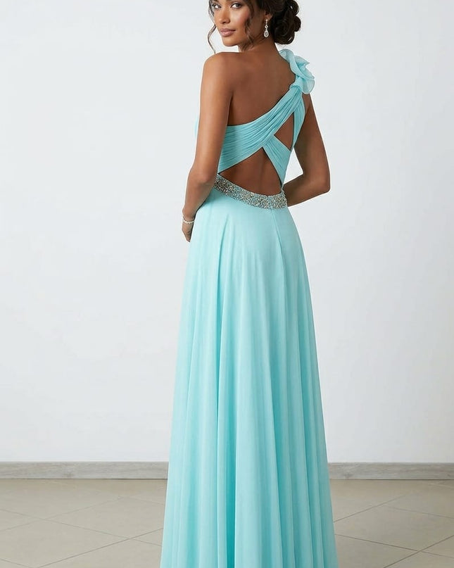 Abito Lungo Acquamarina Monospalla in Georgette con Swarovski