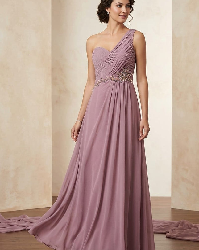 Abito Lungo in Chiffon Rosa Antico – Monospalla con Ricamo