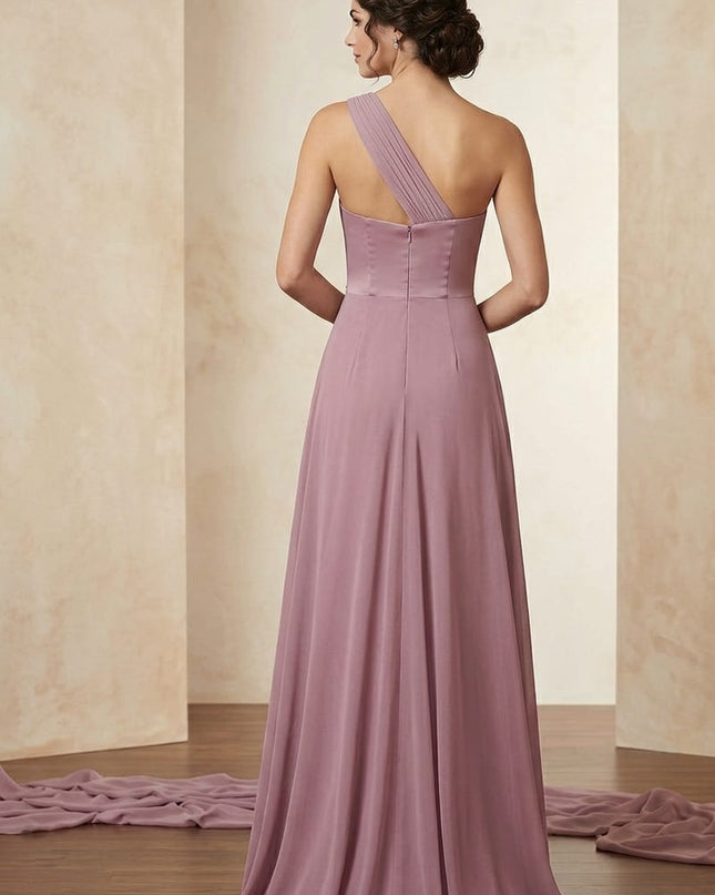 Abito Lungo in Chiffon Rosa Antico – Monospalla con Ricamo