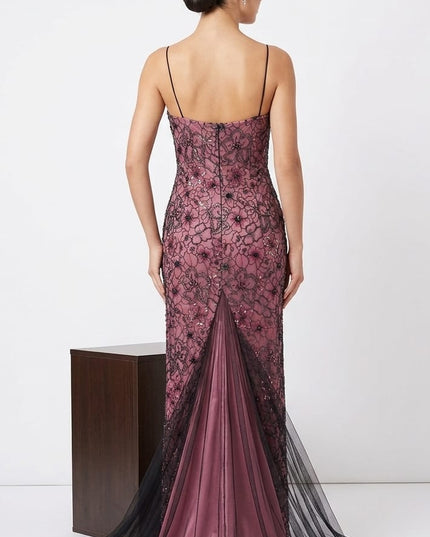 Abito Lungo Rosa e Nero Tulle Ricamato Paillettes — Art. BDB.40510