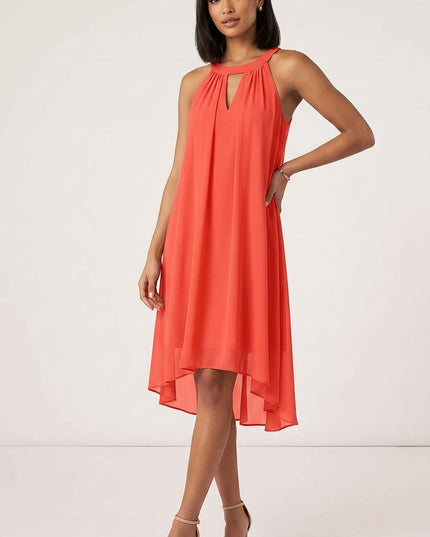Abito Asimmetrico Donna Corallo Scollo all'Americana – Art. ROT.108 IN GEORGETTE