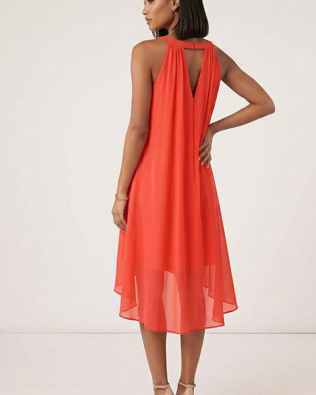 Abito Asimmetrico Donna Corallo Scollo all'Americana – Art. ROT.108 IN GEORGETTE