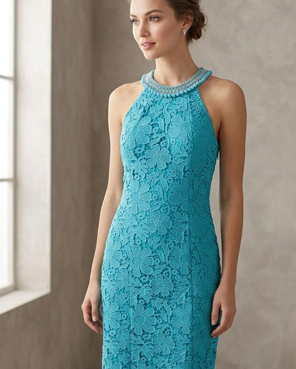 Tubino in Pizzo Macramè Tiffany al Ginocchio con Girocollo in Pietre – Art. 5058
