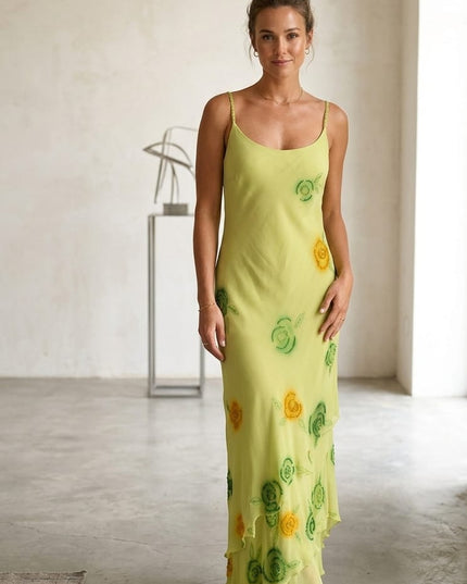 Abito Lungo Taglio Sbiego Verde Lime con Pietre – Sagarè Taglia 44