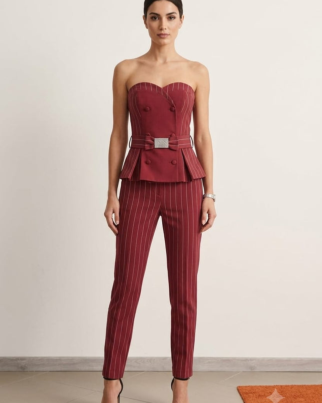 Completo 3 Pezzi Donna Unottavo Bordeaux – Pantaloni Gessato, Bustino e Giacchino