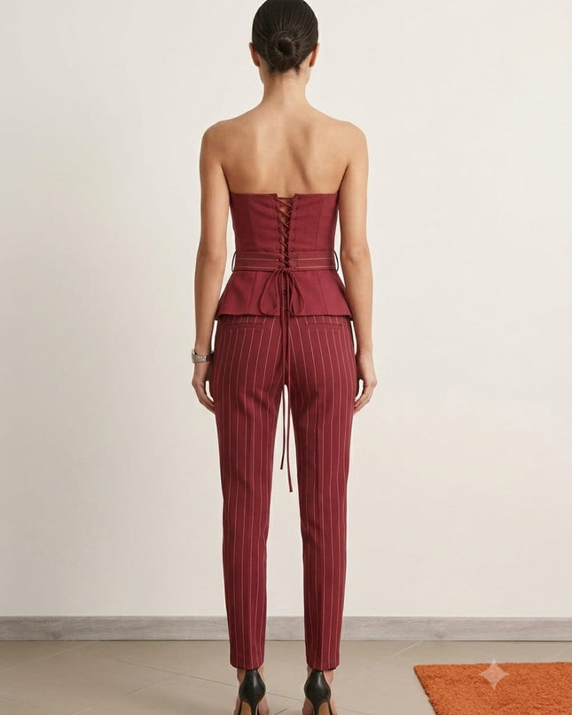 Completo 3 Pezzi Donna Unottavo Bordeaux – Pantaloni Gessato, Bustino e Giacchino