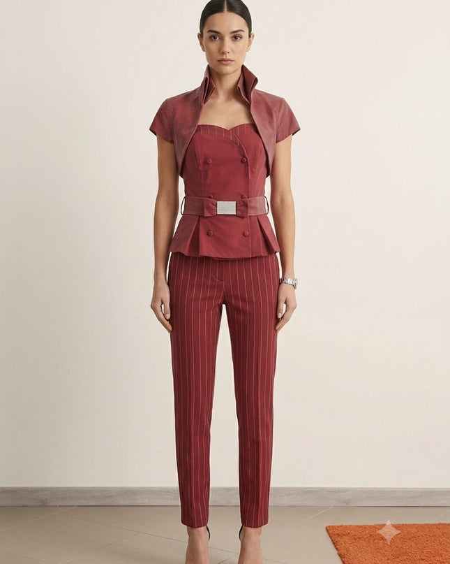 Completo 3 Pezzi Donna Unottavo Bordeaux – Pantaloni Gessato, Bustino e Giacchino