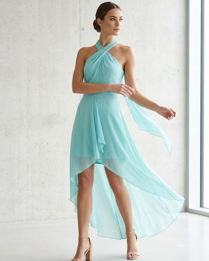Abito Soani Chiffon Tiffany – Corto Davanti Lungo Dietro con Perle | Taglia 42