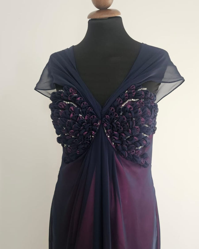 Abito da Cerimonia Lungo in Georgette Blu su Base Fuxia con Cristalli - Art.