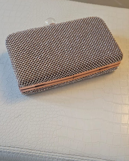 Pochette da Cerimonia in Tessuto con Rete di Swarovski Oro Rosa e Tracolla Dorata