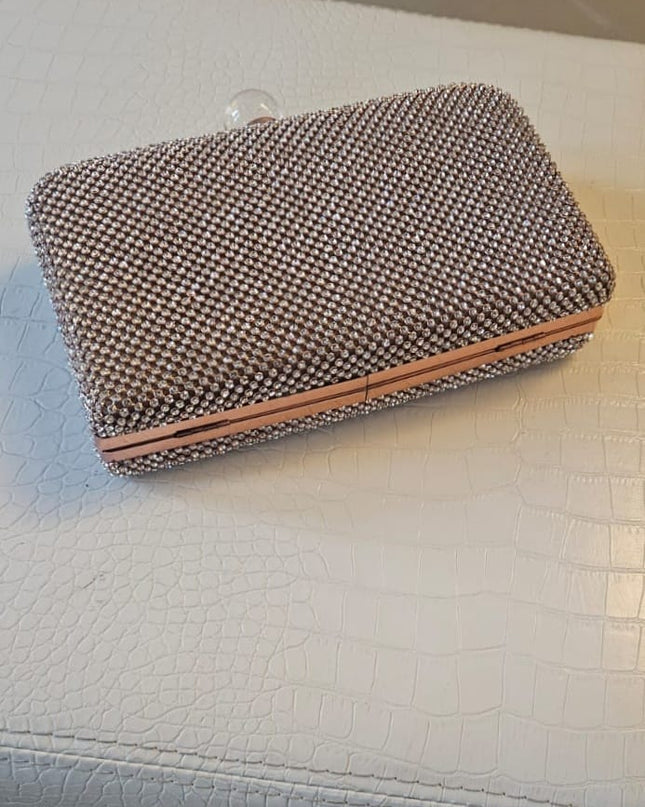 Pochette da Cerimonia in Tessuto con Rete di Swarovski Oro Rosa e Tracolla Dorata