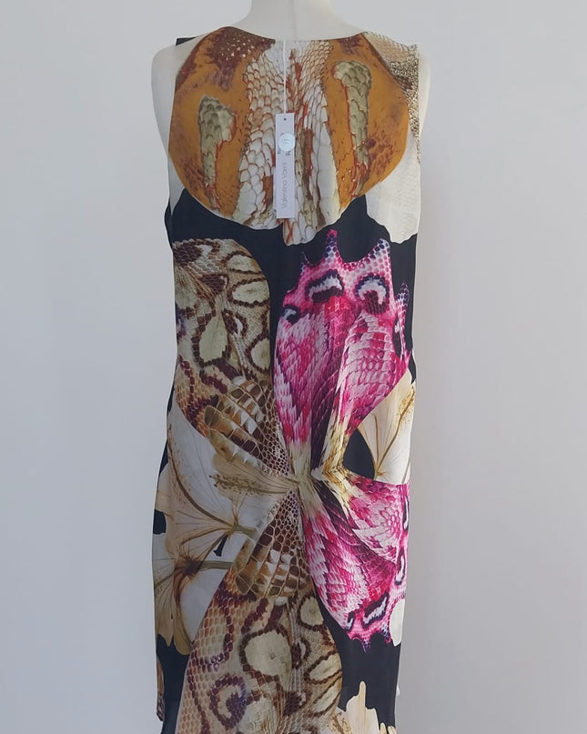 Abito in Seta Modello Trapezio Fantasia Oro/Rosso/Nero con Collana in Scamosciato Cuoio