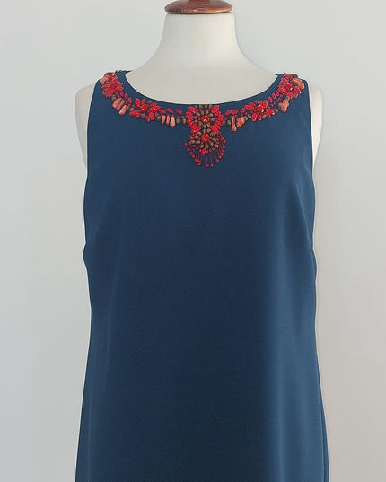 Abito Corto Blu Trapezio con Applicazioni di Coralli – Cabottine