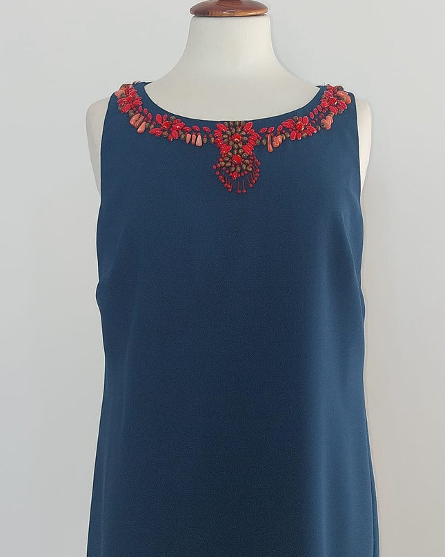 Abito Corto Blu Trapezio con Applicazioni di Coralli – Cabottine