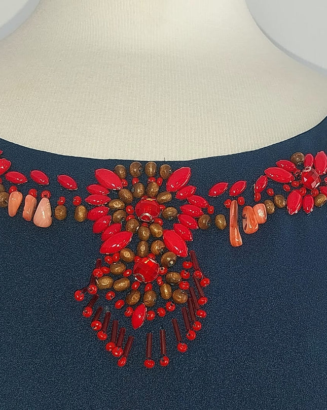 Abito Corto Blu Trapezio con Applicazioni di Coralli – Cabottine