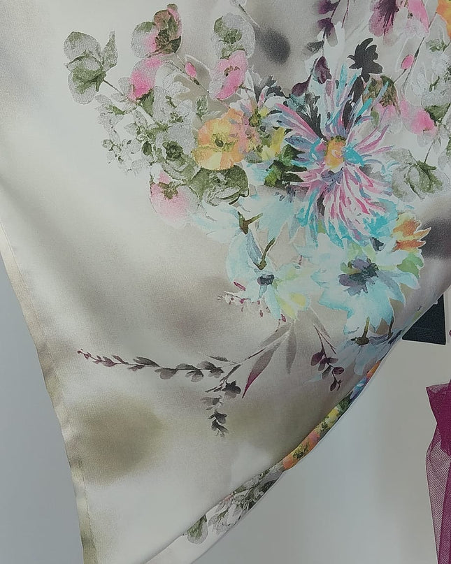 Abito Donna in Seta Stampata Manica Kimono Corto con Cintura in Tulle Fuxia - Tg. 42