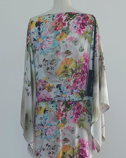 Abito Donna in Seta Stampata Manica Kimono Corto con Cintura in Tulle Fuxia - Tg. 42