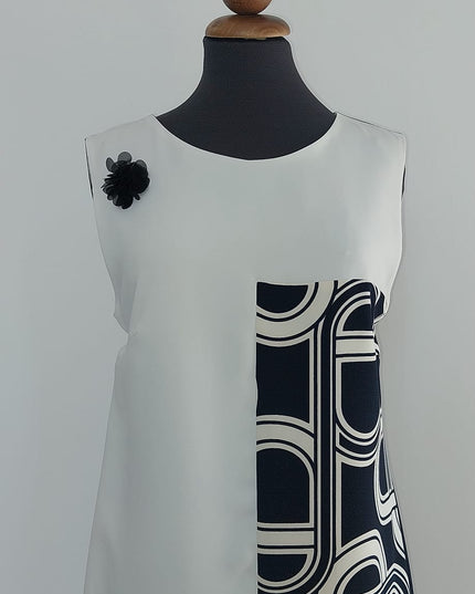 Tubino Corto Donna in Crêpe Doppio Colore Avorio/Stampa Blu – Art. Classe 3010 Tg. 48