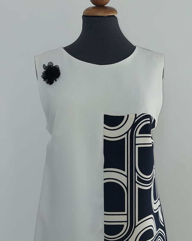 Tubino Corto Donna in Crêpe Doppio Colore Avorio/Stampa Blu – Art. Classe 3010 Tg. 48