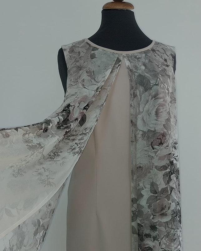 Abito Donna Tubino Color Crema Doppiato – Pannelli Stampa Fiori Contrasto Crema/Grigio TG48