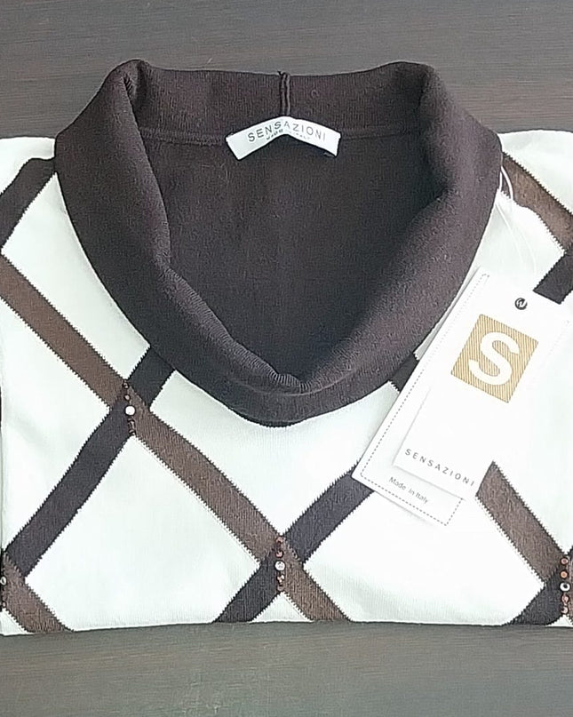 Maglia Donna Sensazioni Viscosa e Poliestere – Rombi Marrone e Avorio made in Italy
