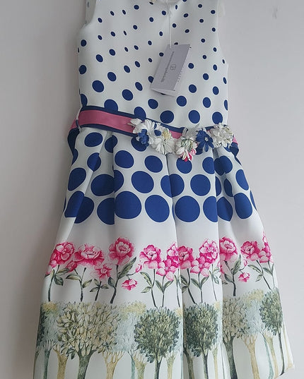 Abito Damina Bimba in Mikado Stampa Pois con Fiori e Perle – Art. GB9105