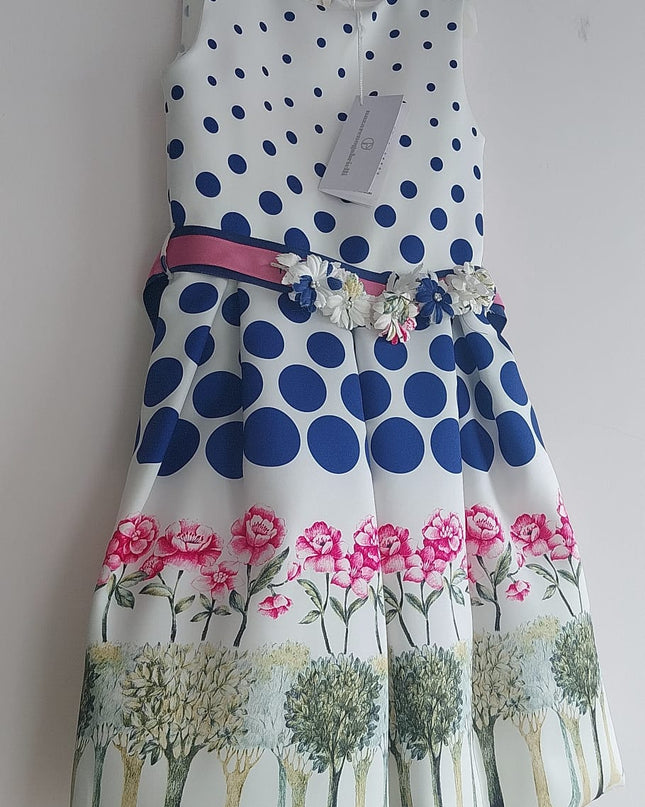 Abito Damina Bimba in Mikado Stampa Pois con Fiori e Perle – Art. GB9105