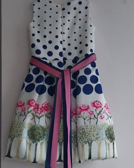Abito Damina Bimba in Mikado Stampa Pois con Fiori e Perle – Art. GB9105