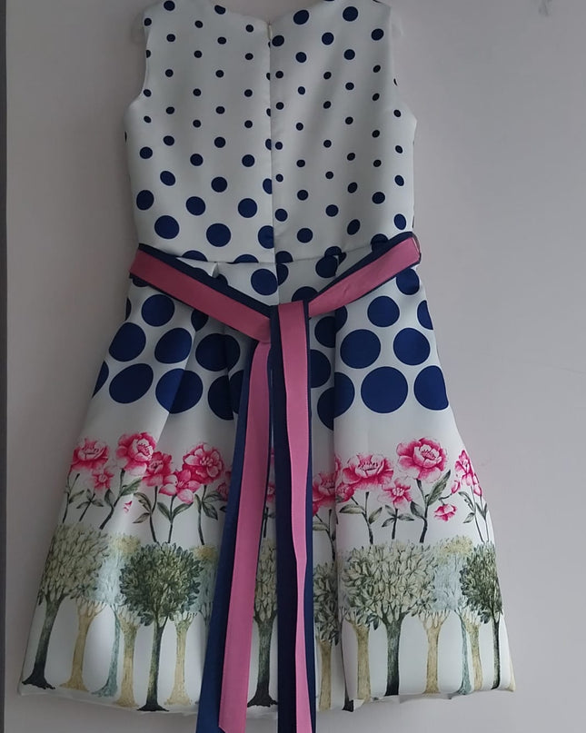 Abito Damina Bimba in Mikado Stampa Pois con Fiori e Perle – Art. GB9105