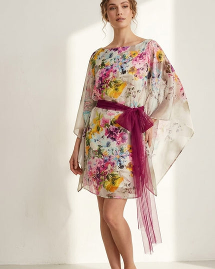 Abito Donna in Seta Stampata Manica Kimono Corto con Cintura in Tulle Fuxia - Tg. 42