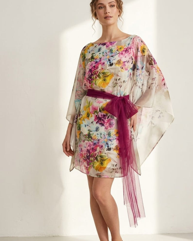 Abito Donna in Seta Stampata Manica Kimono Corto con Cintura in Tulle Fuxia - Tg. 42