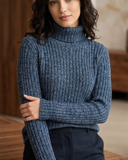 Maglia Donna Blu Collo Alto Modello Stretto – Lana ULTIMO PEZZO