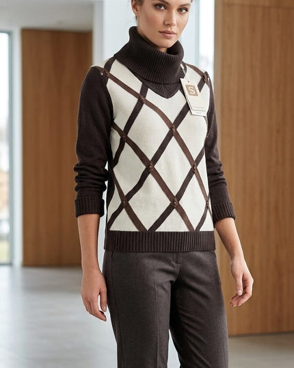 Maglia Donna Sensazioni Viscosa e Poliestere – Rombi Marrone e Avorio made in Italy