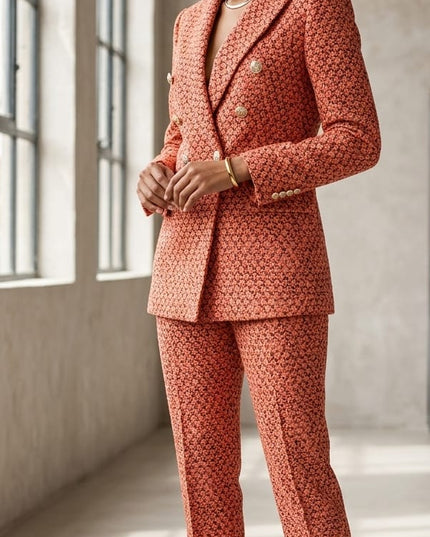 Completo Giacca Doppio Petto e Pantalone Sigaretta Donna – Fantasia Fiamme Arancio Fuxia Bordeaux – Art. AC70