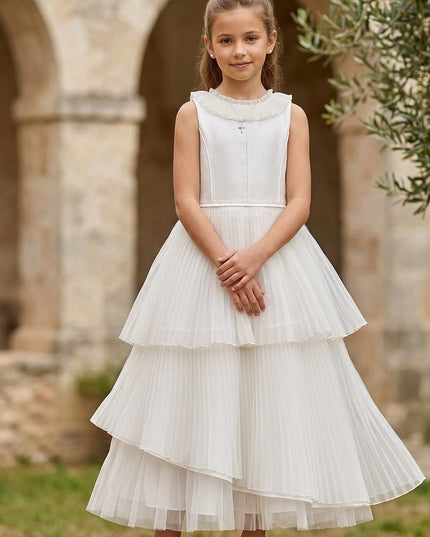 Abito Comunione Bambina – Balze Asimmetriche Organza Plissé e Shantung di Seta Bianco Tg. 85