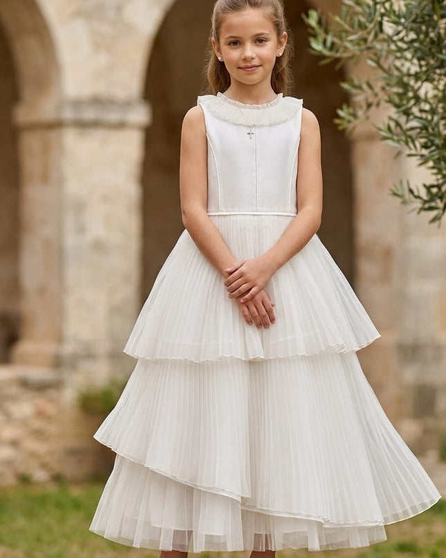 Abito Comunione Bambina – Balze Asimmetriche Organza Plissé e Shantung di Seta Bianco Tg. 85