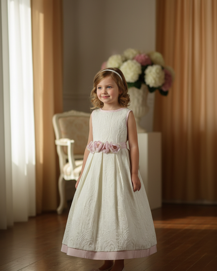 Abitino Comunione e Cerimonia in Cotone Stampato con Gonna a Pieghe e Tulle – Linea Bellissima – Art. LB0102