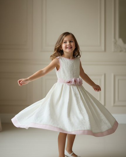 Abitino Comunione e Cerimonia in Cotone Stampato con Gonna a Pieghe e Tulle – Linea Bellissima – Art. LB0102